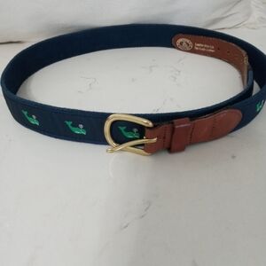 Leatherman Handmade Top Grain Brown leather Navy blue canvas Emb. Whale Belt 40